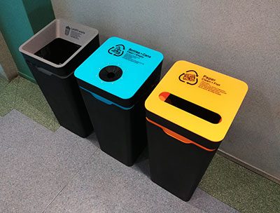 Set of three bins including two for recycled materials