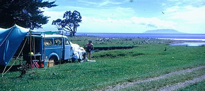 Coromandel campsite overlooking the Hauraki Gulf. Wilfred (Bill) McAra papers. MSS & Archives 94/4.