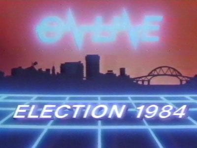Still from On Line 1984 Election, with the Auckland city skyline in the background.