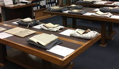 Materials set out in the Reading Room for a teaching session