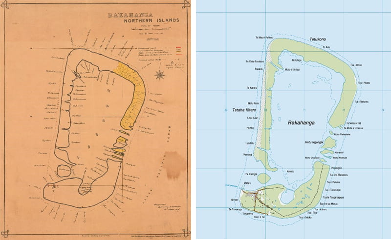 Comparison of a 1906 map of Rakahanga in Cook Islands with the current version
