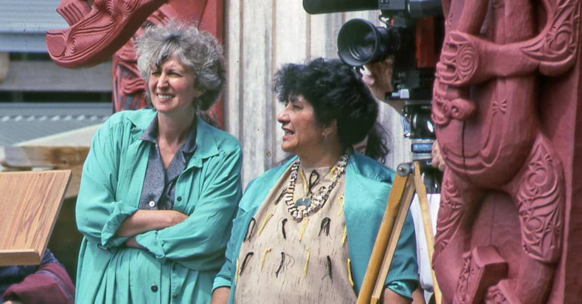 Waerete Norman (right) with Anne Salmond at the opening of Waipapa Marae in 1988.