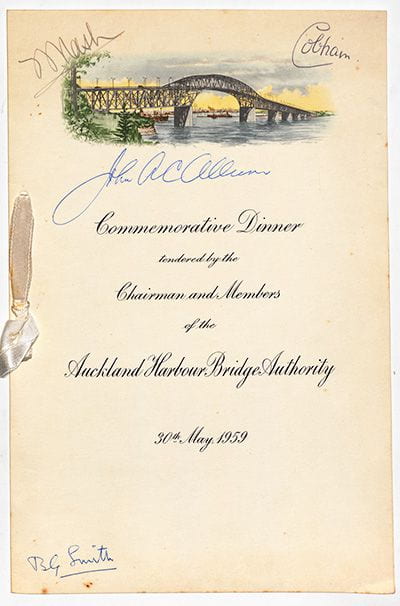 Invitation for the Commemorative Dinner to mark the Auckland Harbour Bridge opening