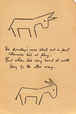 The donkey's ears poem with two drawings of a donkey, showing ears pointing forwards and also ears pointing back.