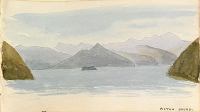 Sketchbook watercolour of Picton sound by Alfred Watson Hands