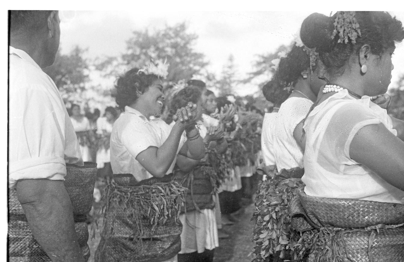 Dancers performing a lakalaka during the Coronation of King Tāufa'āhau Tupou IV celebrations at Mala'e Pangai, Nuku’alofa, Tonga in 1967