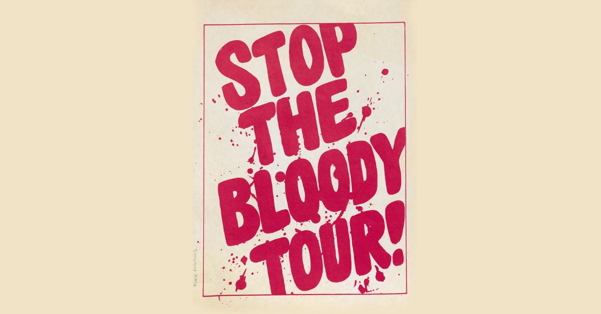 Stop the bloody tour in red paint platter font