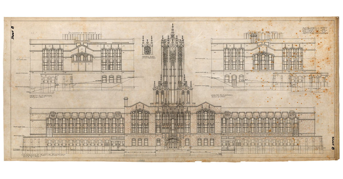 Architectural drawing of Auckland University College Arts Building [University of Auckland ClockTower] (sheet 8), Lippincott Collection (LP2).