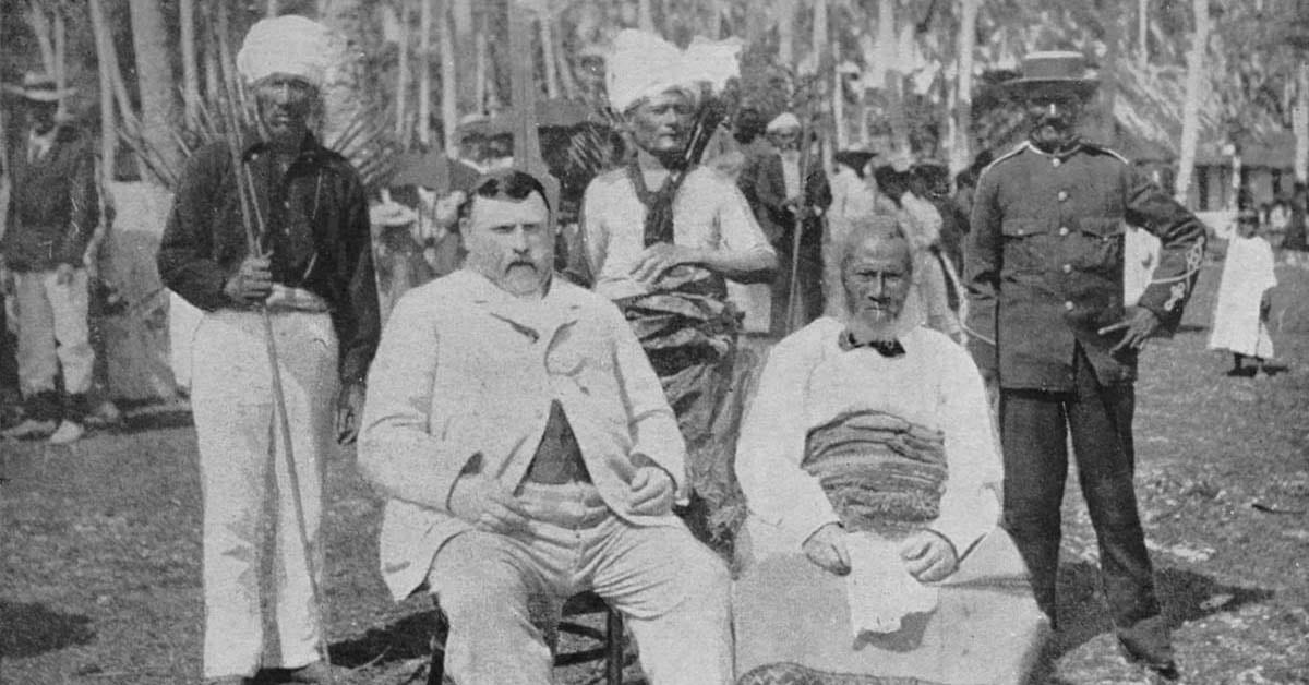 New Zealand Premier Richard Seddon and King Togia of Nuie, May 1900. Seddon, R.J. (1900). The Right Hon. R.J. Seddon's (the premier of New Zealand) visit to Tonga, Fiji, Savage Island and The Cook Islands, May, 1900. New Zealand government printer. New Zealand Glass Case 919 S44