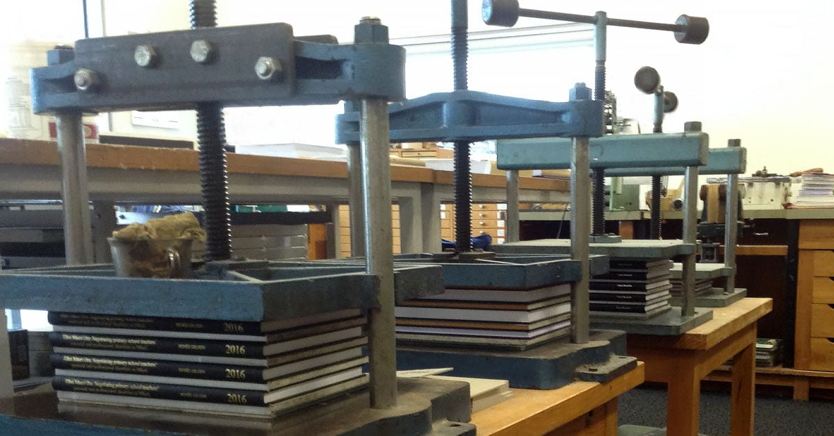 View of bookbinding presses