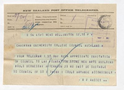 Telegram from William Massey to George Fowlds, 3 May 1923. General Correspondence - 1923. University of Auckland Administrative Archives.