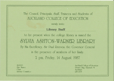 invitation to the opening of the Sylvia Ashton Warner Library