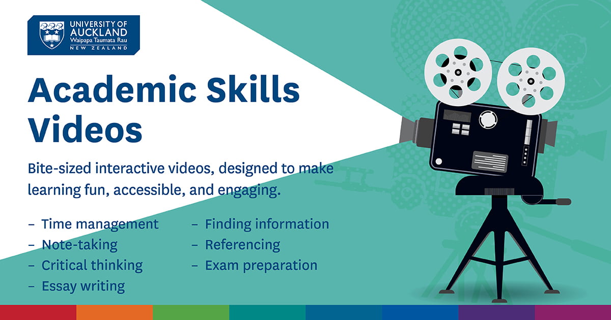 A graphic showing a projector on a tripod, displaying the academic video skills series topics.