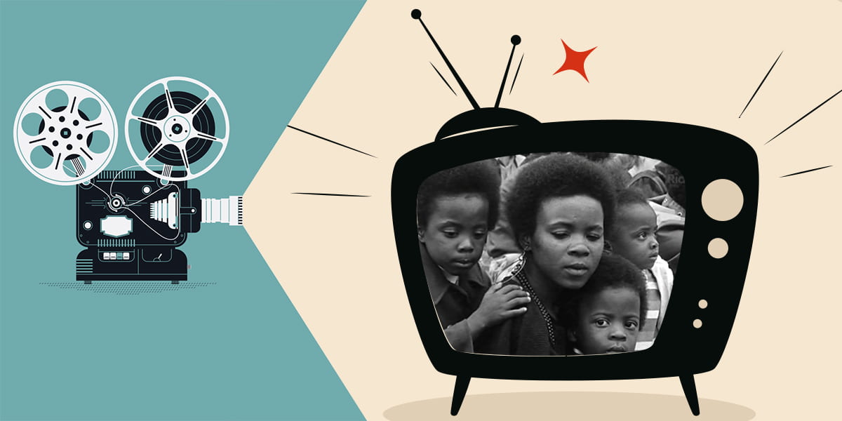 Screenshot of children from the movie The Black Panthers: Vanguard of the Revolution, inside a cartoon TV set.