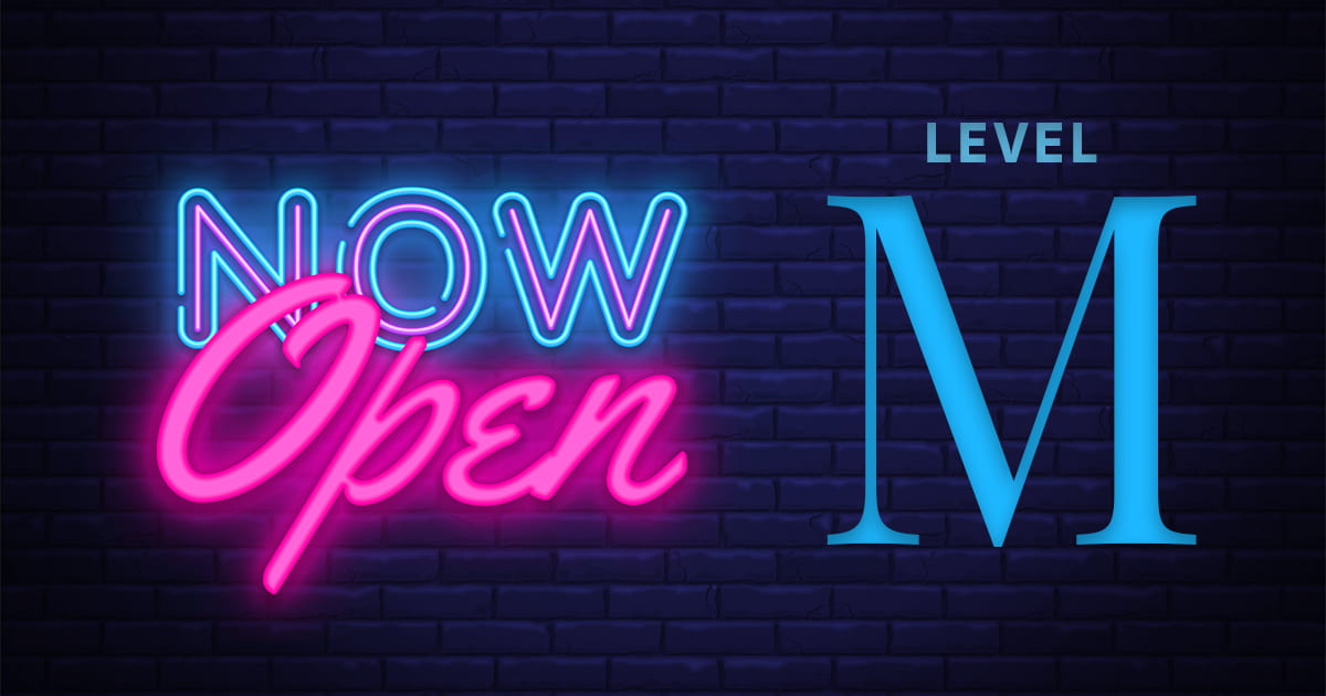 Neon sign saying Now Open, Level M