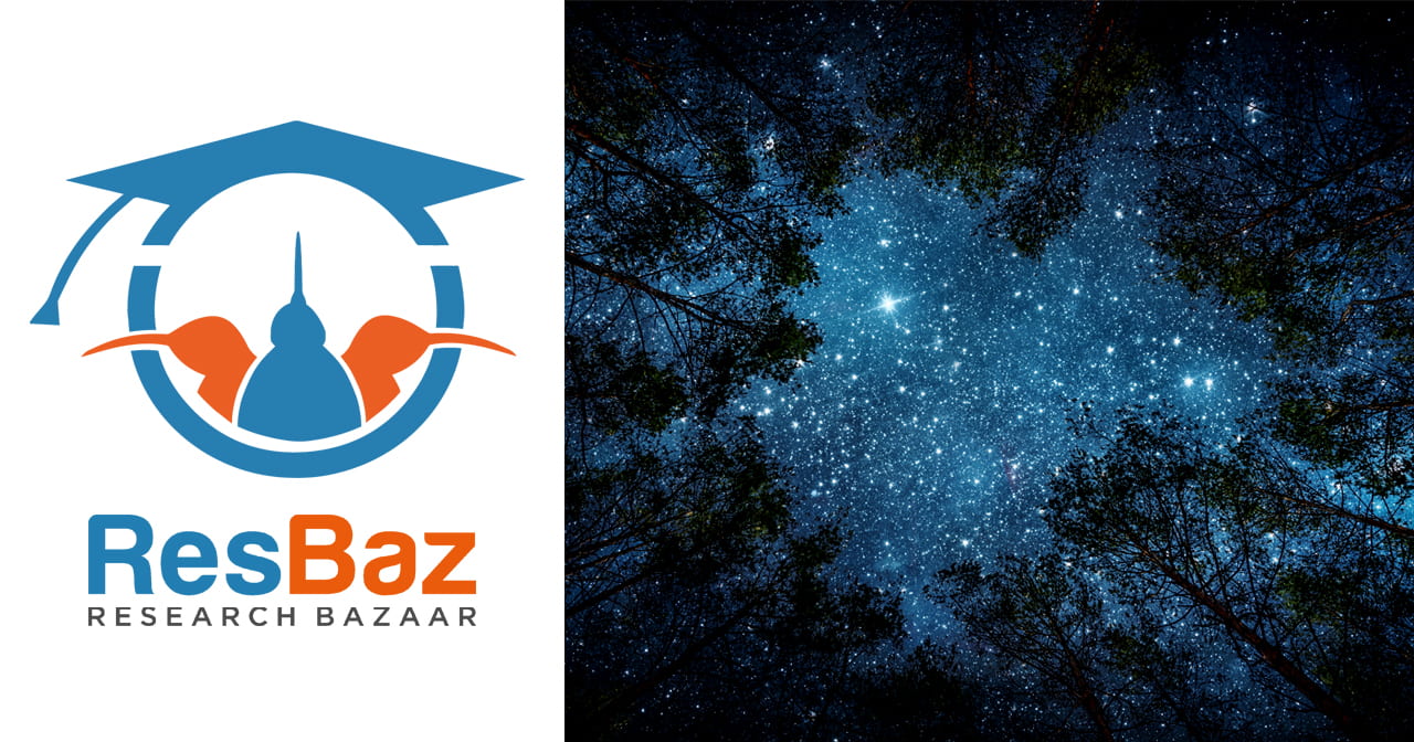 ResBaz Research Bazaar logo next to a starry night sky image